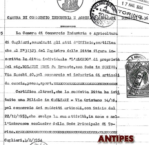 ALCEDO certificazione CCIAA CAGLIARI a CCIAA TORINO 03 febbraio 1954