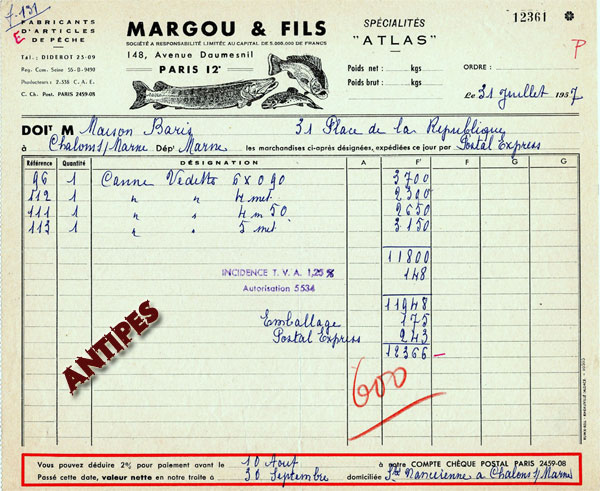 Reve fattura rivenditore francese 1957